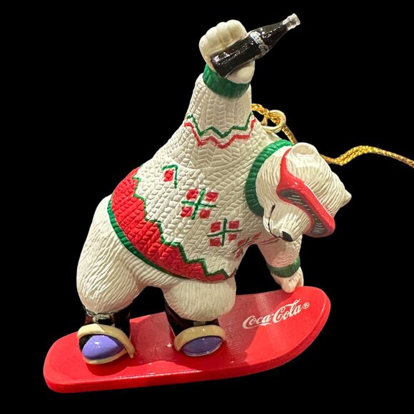Vintage Coca-Cola Polar Bear Snowboard Ornament, Christmas Coke Bear with Bottle - Picture 2 of 10